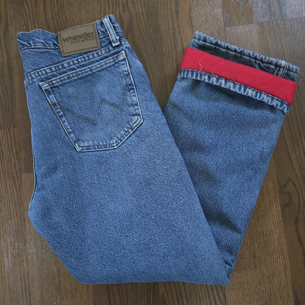 Vintage Wrangler Jeans Rugged Wear red fleece lined denim workwear pants - 32x29